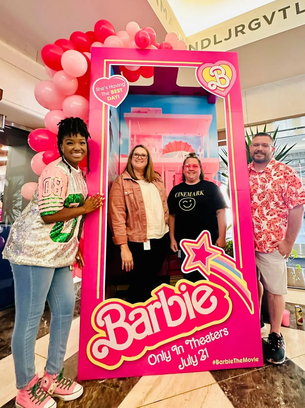 Ryan Tiffin and Cinemark colleagues at a Barbie movie promotion