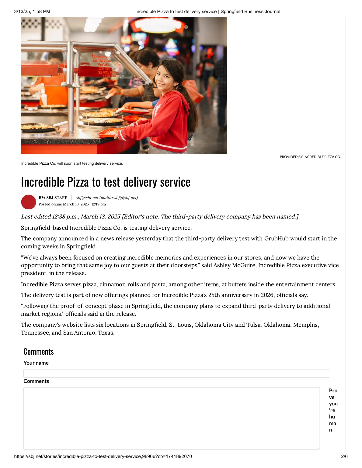 Springfield Business Journal coverage of Incredible Pizza testing third-party delivery