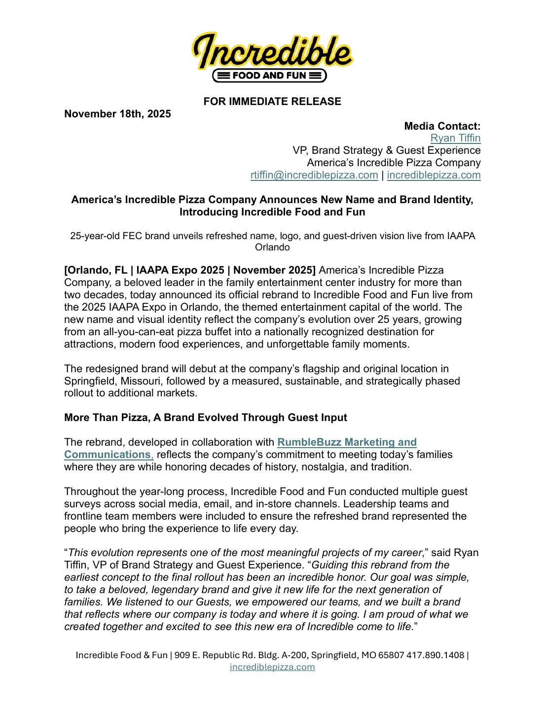 Official Incredible Food and Fun rebrand press release preview