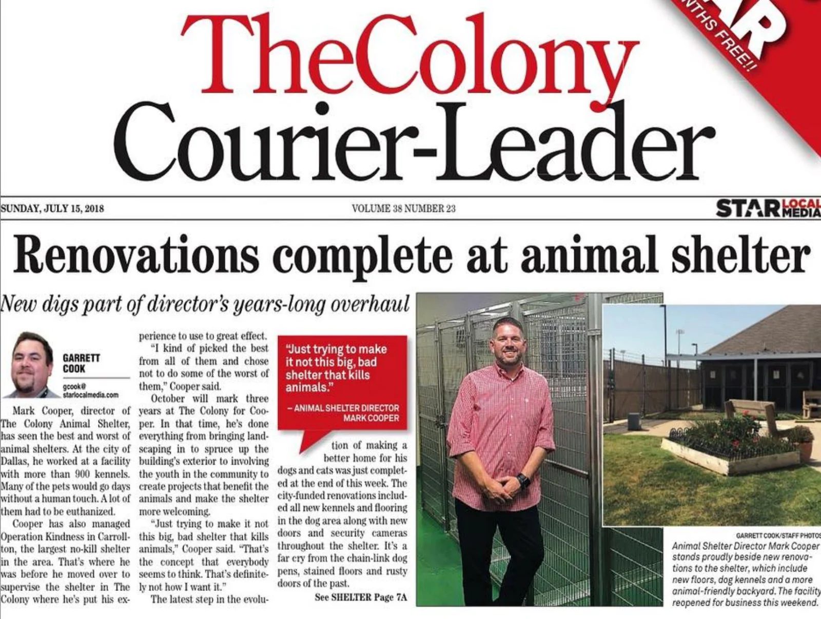 Local newspaper coverage of renovations at The Colony Animal Shelter