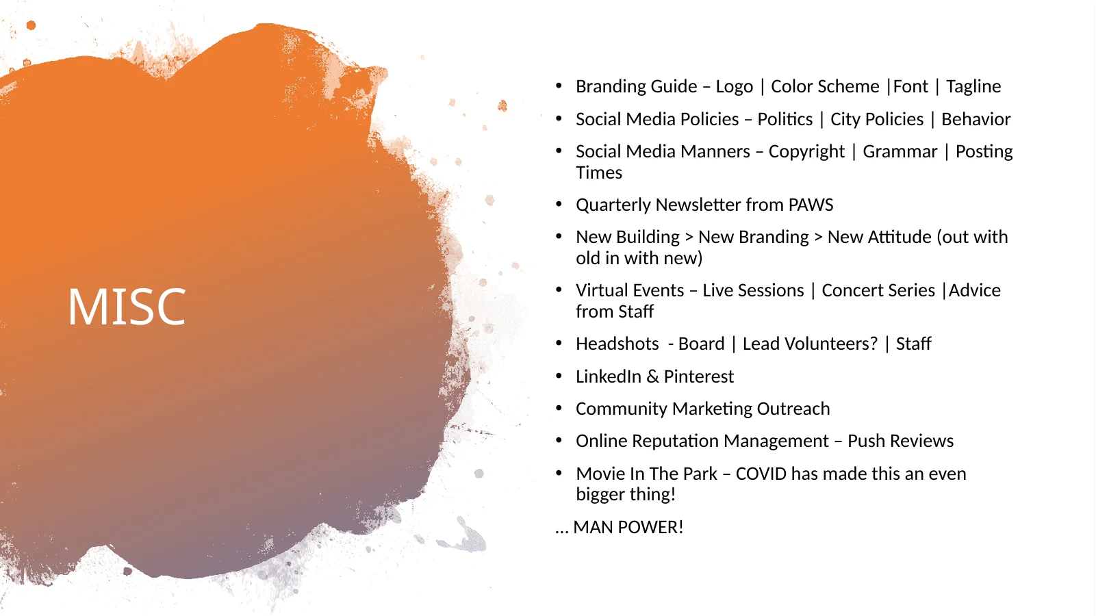 Internal roadmap listing brand, policy, outreach, reputation, and content priorities