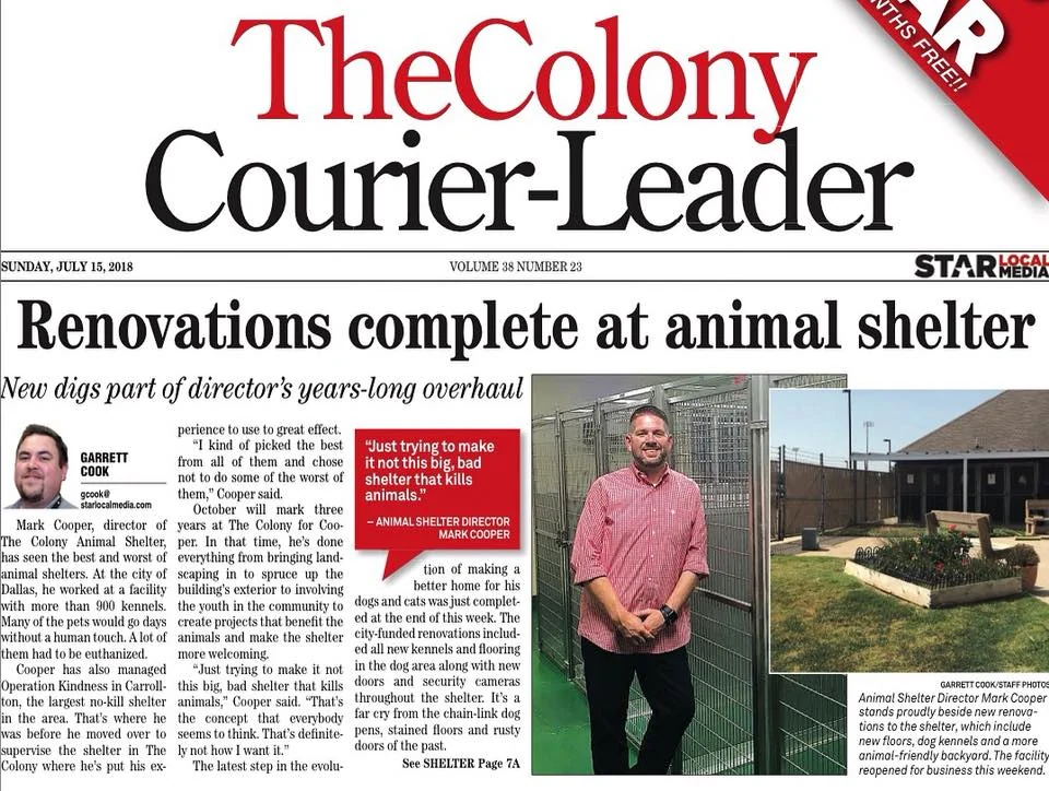 The Colony Animal Services staff, volunteers, and community partners gathered outdoors with a dog