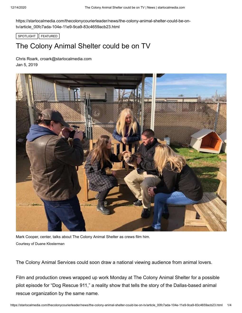 Archived article about filming at The Colony Animal Shelter for a proposed television pilot