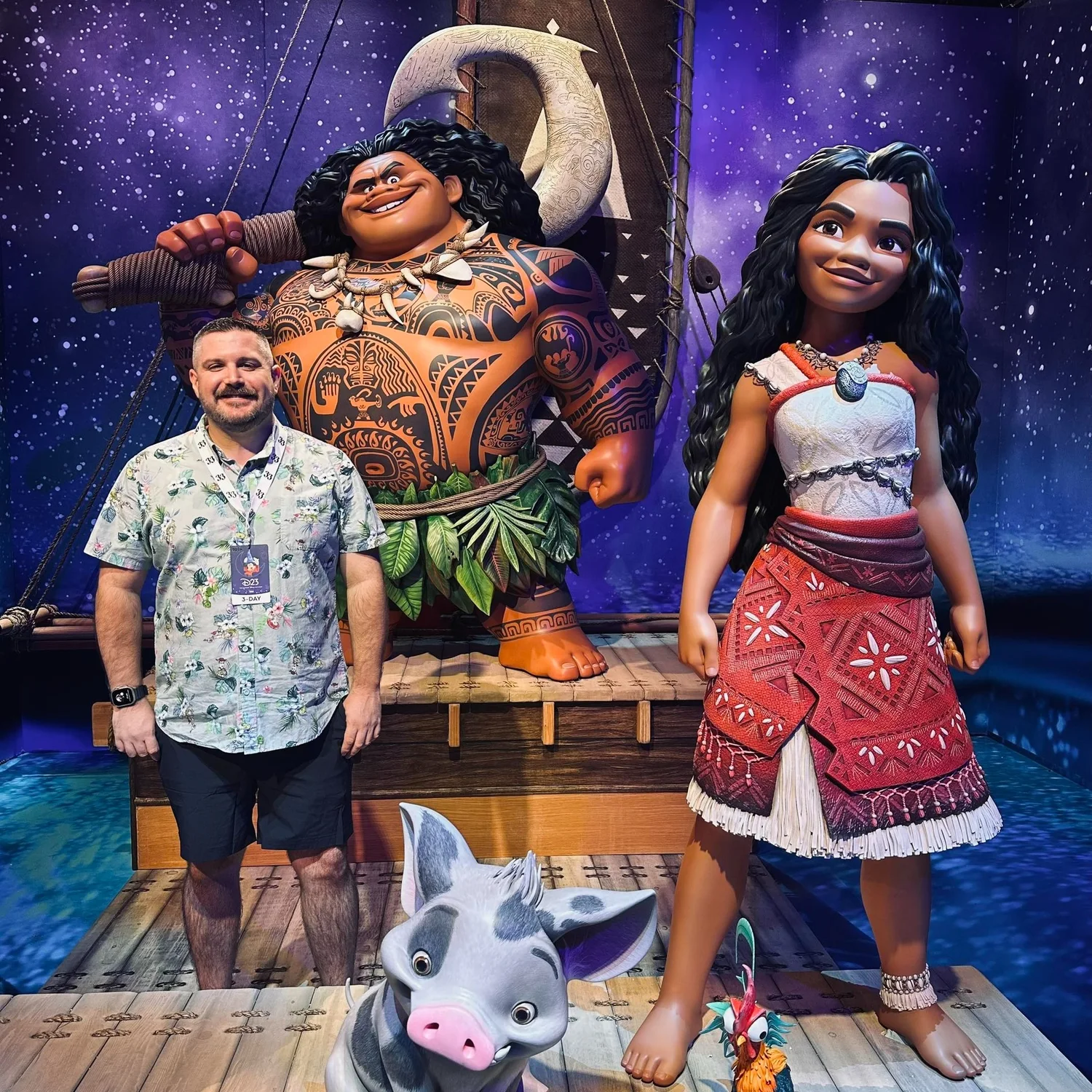 Ryan Tiffin with Moana characters at a Disney fan event