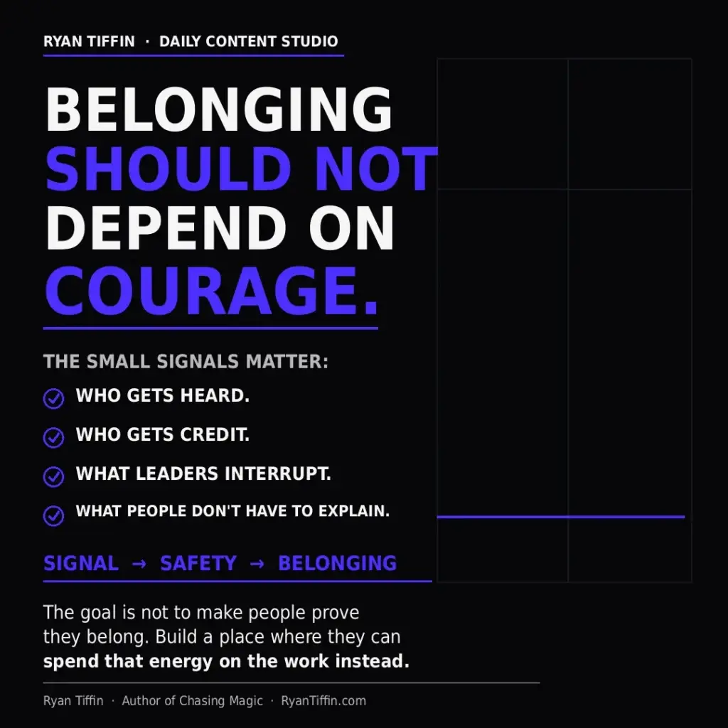 Editorial leadership graphic about workplace belonging, inclusive leadership, and the small signals that shape employee experience.