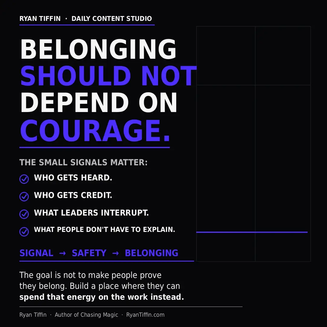 Editorial leadership graphic about workplace belonging, inclusive leadership, and the small signals that shape employee experience.
